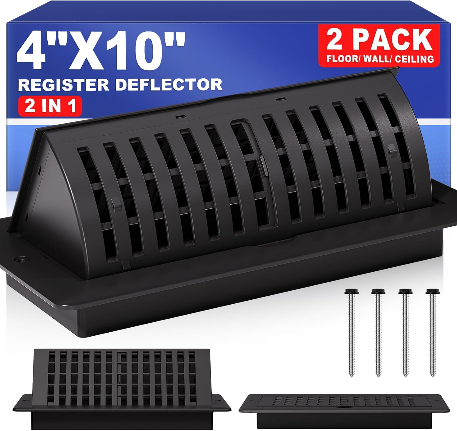 4×10 Floor Register with Vent Deflector, Adjustable Floor Vent Covers, Air Vent Deflector Includes Mounting Screws for Wall & Ceiling for Easy Install, 2 In 1 Vent Covers for Home Floor, Black, 2 Pack