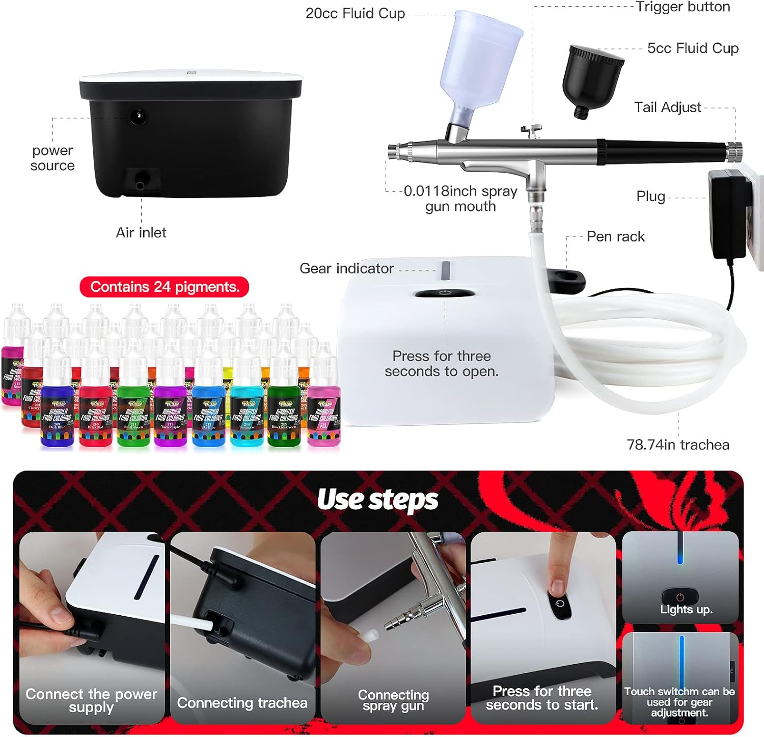 Cake Airbrush Decorating Kit with Compressor: Futebo Cookie Airbrush Kit with 24 Vivid Airbrush Liquid Food Colors, Decorate Cakes, Desserts or Other Baking Food(Color: White)