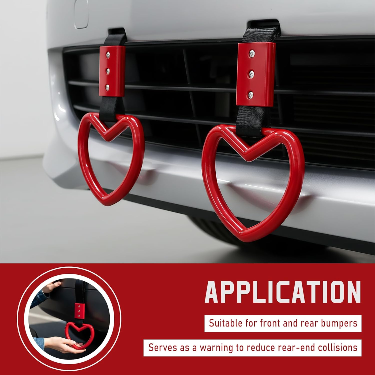 2PCS Heart-Shaped Car Handle Straps, Auto Heart Handle Keychain Cute Drift Charm, Rear Bumper Warning Pull Ring Heart Exterior Interior Decoration for Car Subway Bus (Red & Black) image 5