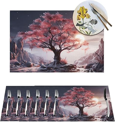 6 PCS PVC Placemats Set Place Mats Big Tree Growing on Pile of Stones Non-Slip Weave Place Mats 12" x 18" Farmhouse Table Mat Set for Family Dinners