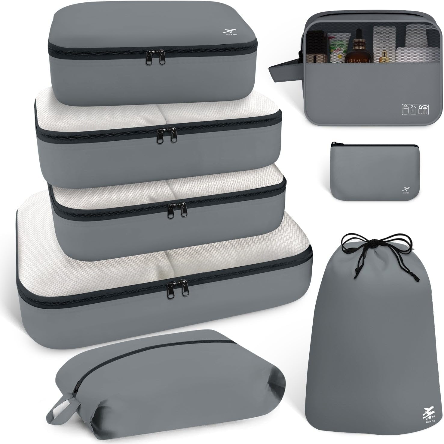 HOTOR Packing Cubes for Suitcases - 8 Pieces, Light Packing Cubes for Travel, Premium Suitcase Organizer Bags Set, Space-Saving Luggage Organizers, Travel Accessories and Essentials, Grey