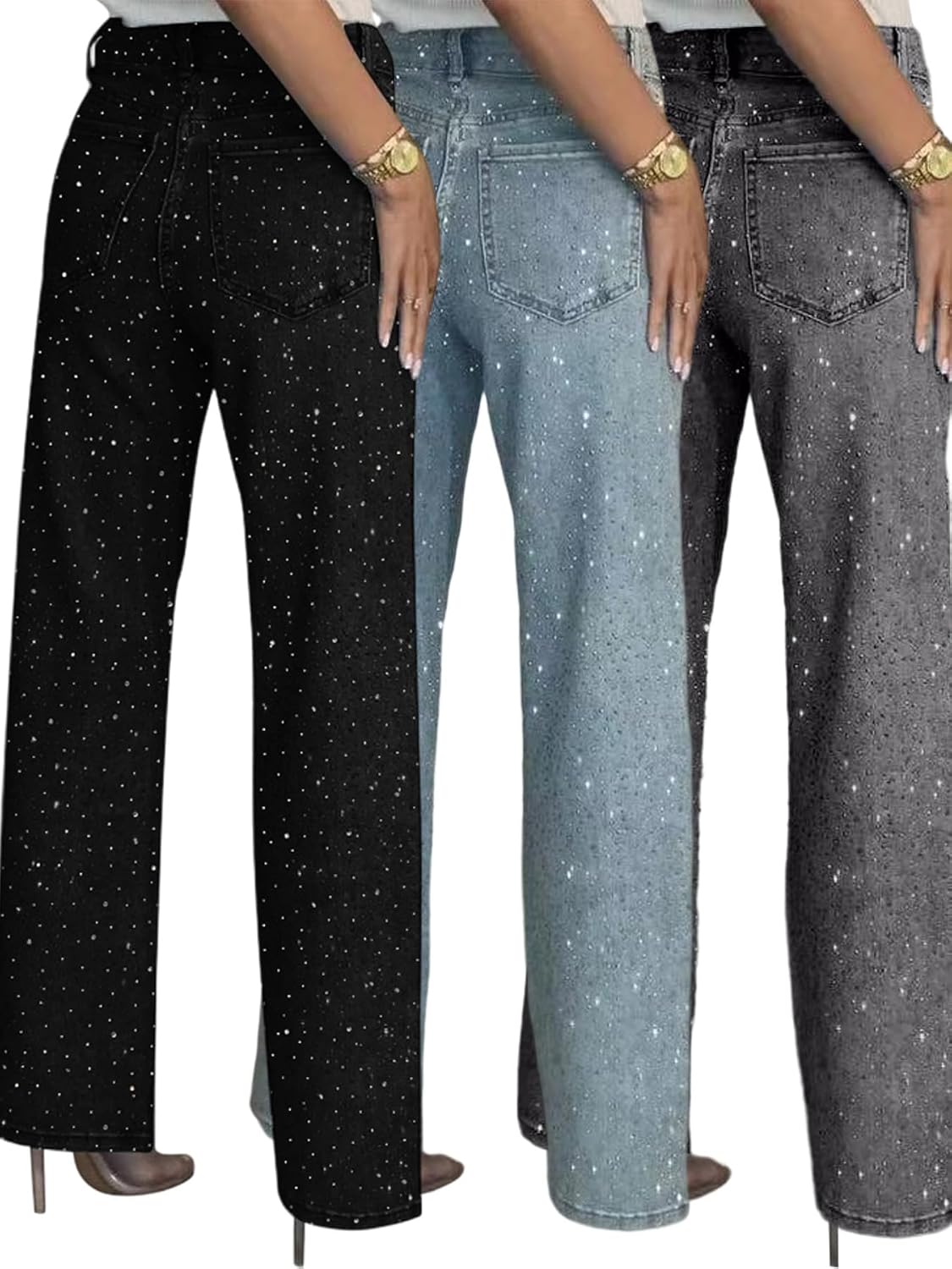 Women's Straight Leg Rhinestone Boyfried Denim Pants, Sparkly Bling Glitter Jeans