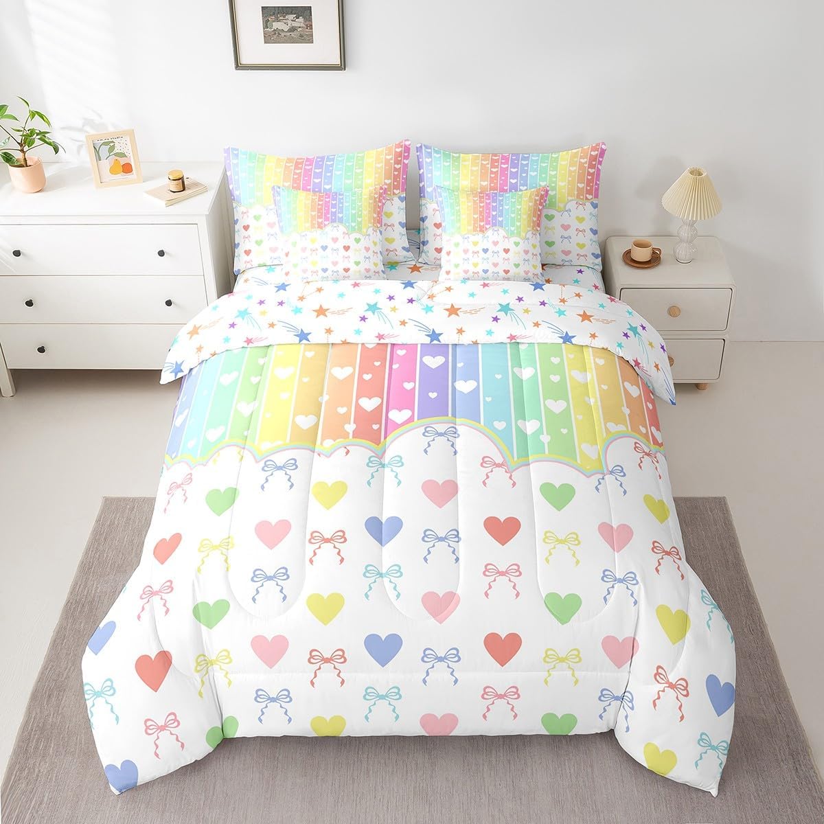 Heart Shape Comforter Set 7 Pcs Queen Size,Rainbow Stripes Bowknot Bedding Set for Girls Girly Woman Room Decor Sweet Style Fitted Flat Sheet Romantic 2 Throw Pillow Covers 2 Pillowcases,Colorful image 3