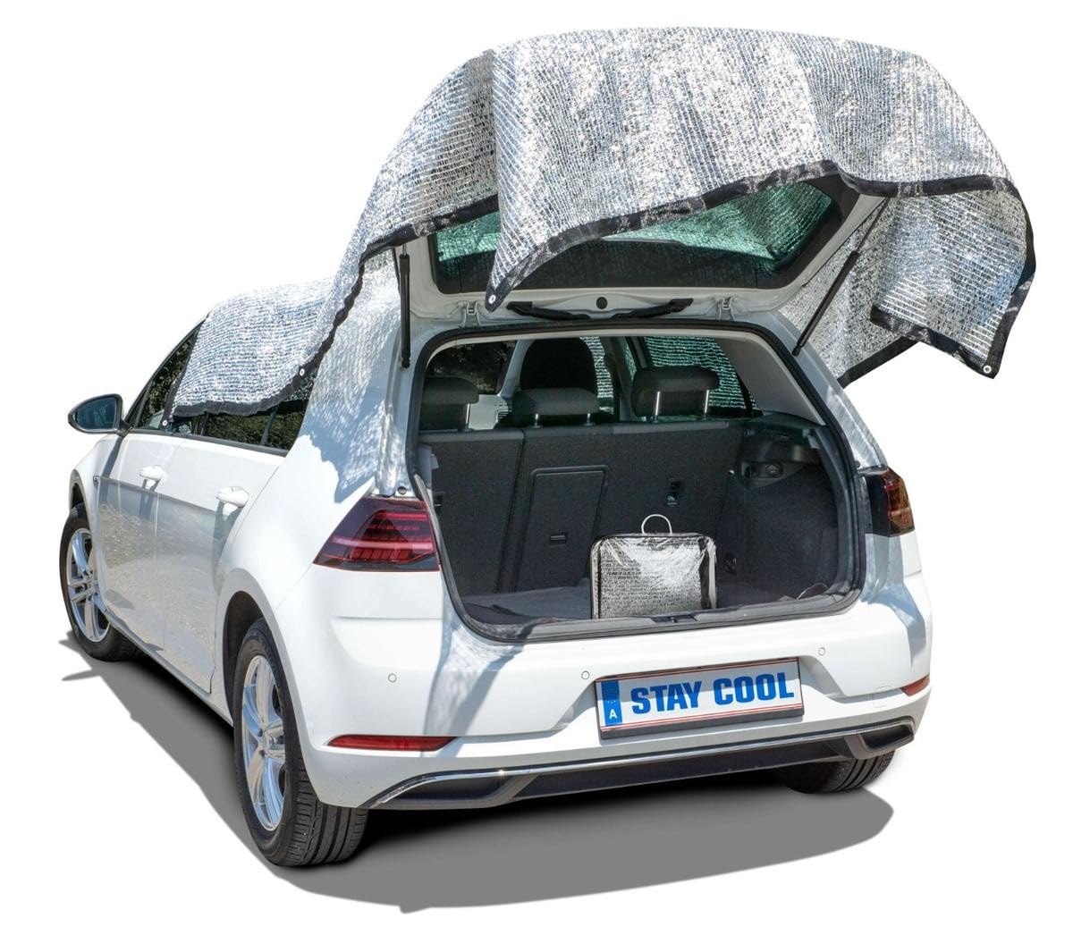 WALSER Rete ombreggiante auto 4x6 m, Alu parasole (fino a 20° C piu fresco) per cani con protezione UV & occhielli - Schermo termico camping, vela solare giardino riflettente, pieghevole + Borsa
