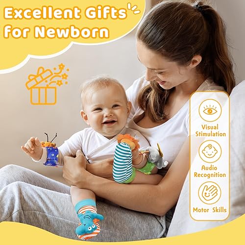 Miniatura 7 de URMYWO Regalos para bebés recién nacidos, sonajeros de muñeca para bebé, calcetines de sonajero, juego de buscador de pies, juguetes para 0 a 6 meses