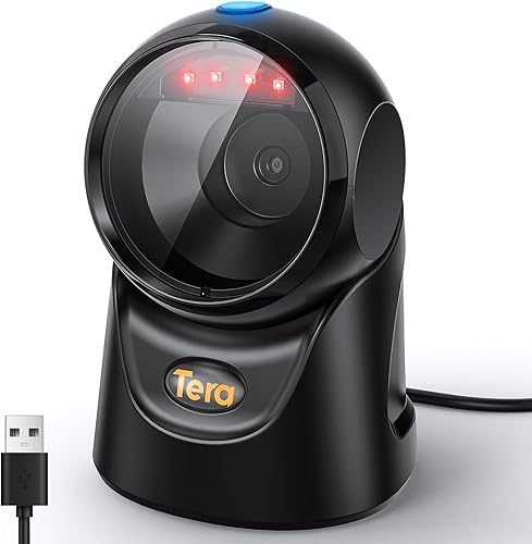 Tera Escáner de código de barras Manos libres Omnidireccional Escritorio 1D 2D QR USB con cable Ángulo ajustable Plug and Play Lector de código de