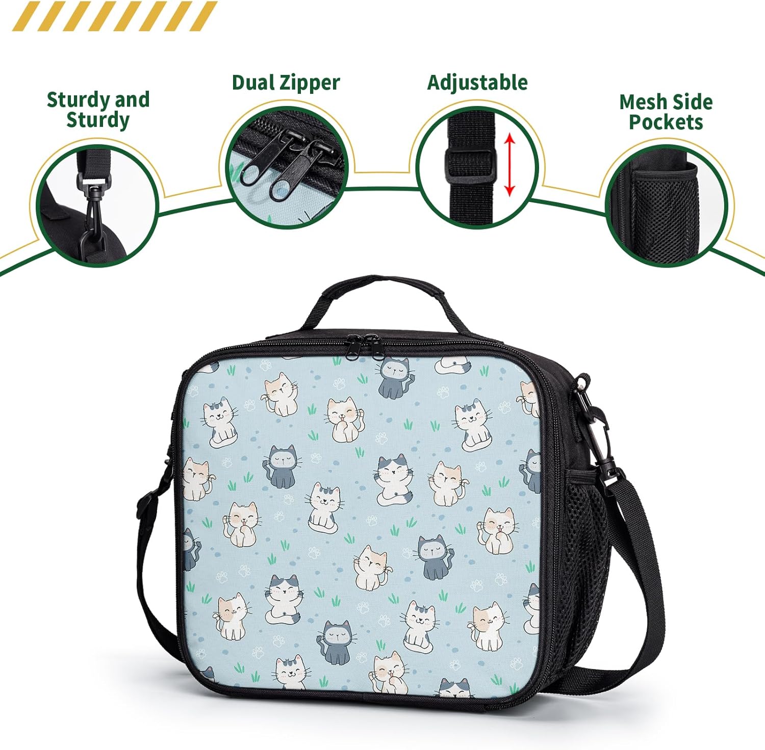 Cute Blue Cat Kids Lunch Box for Boys Girls Kawaii Kitten Insulated Lunch Bag Reusable Thermal Lunchbox Leakproof Cooler Tote Bag for School Office Picnic Travel - Image 5