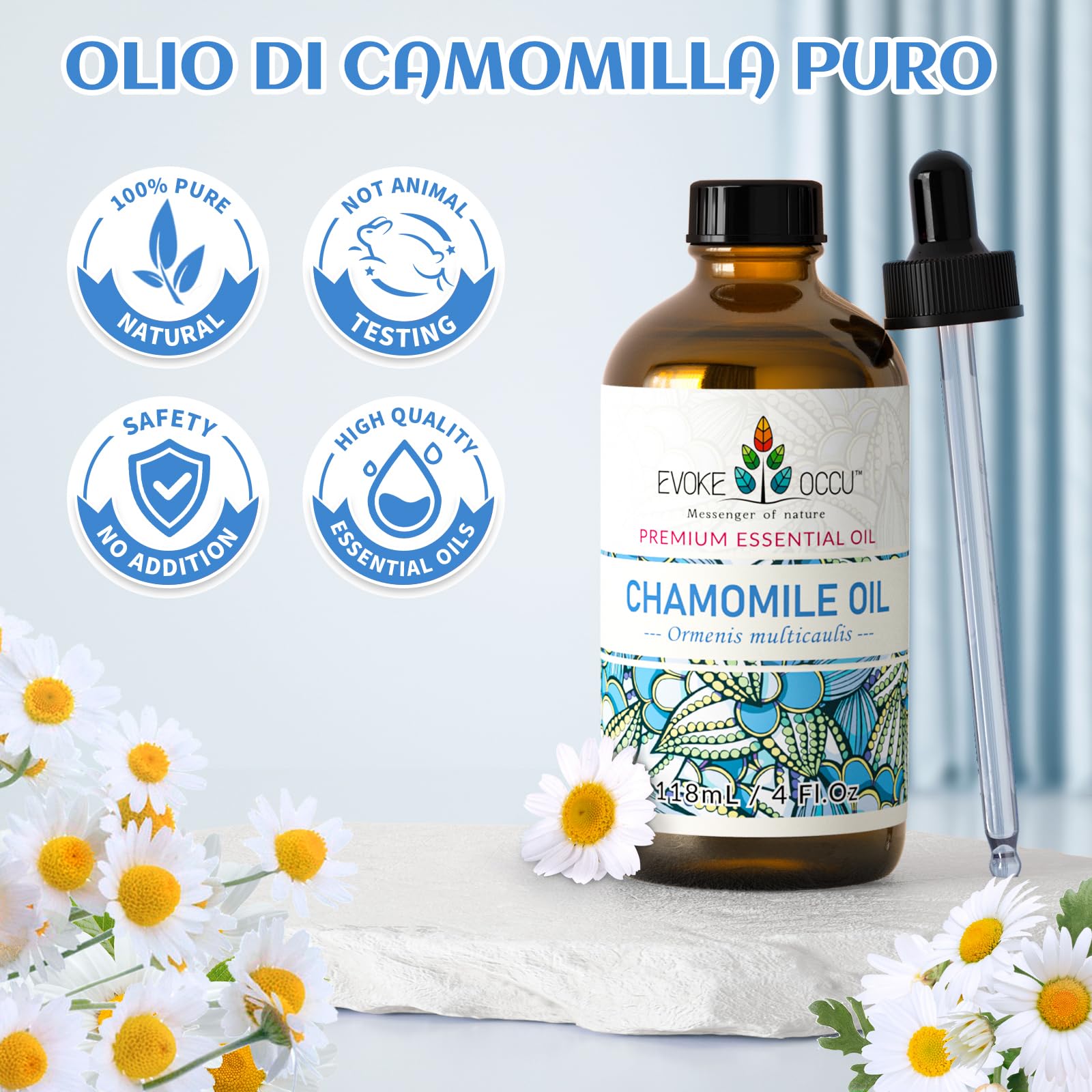 EVOKE OCCU Olio Essenziale Camomilla 118ML, Puro per Calma L'umore, Rilassa il Sonno, Idrata la Pelle, Aromaterapia, Diffusore