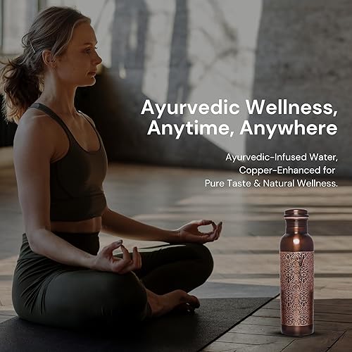 Miniatura 3 de Botella de agua de cobre martillado de 34 onzas, recipiente de cobre ayurvédico puro para beber, tapa a prueba de fugas, reduce tu ingesta de azúcar