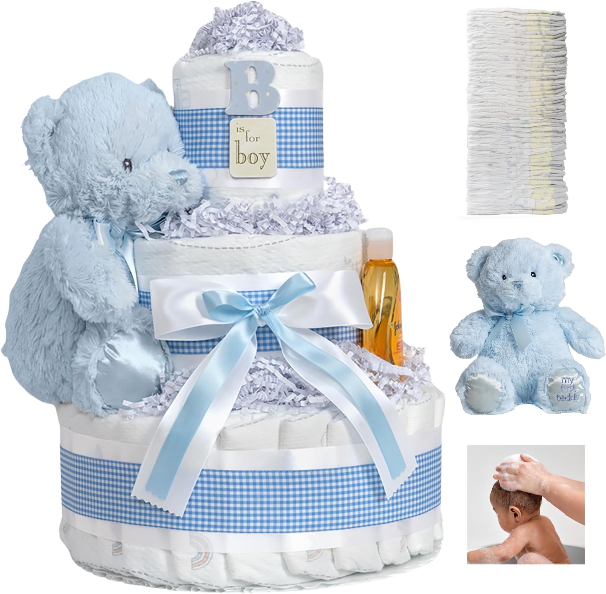 Blue Boy Diaper Cake - Makes a Beautiful Boy Baby Gift - Adorable and Practical - Handmade with 42 Swaddler 1 Diapers - Size 10 in x 12 in