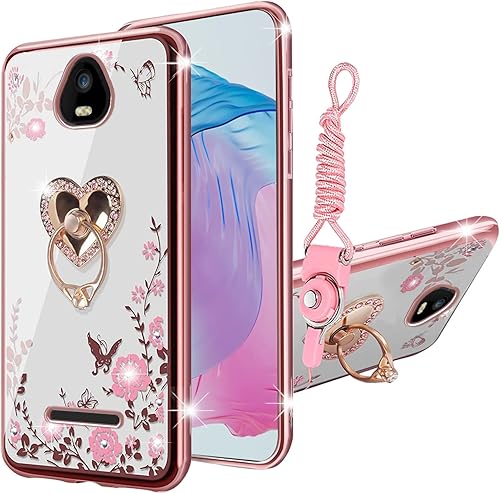KuDiNi SCHOK Volt SV55 (SV55216) - Funda para mujer con purpurina y cristal suave, diseño floral, transparente, funda protectora con función atril y