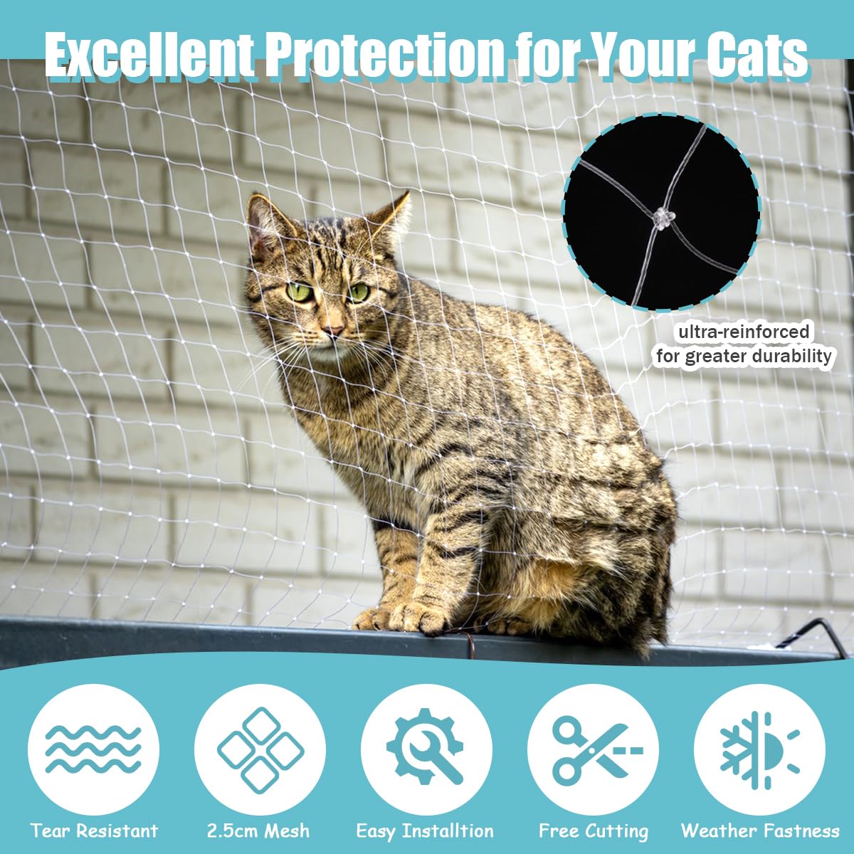 Red para Gatos Terraza, 5 x 5m Red Gatos Nylon, Red Gatos Ventanas Seguridad Transparente, Resistentes a La Rotura y Sin Taladros Red Gatos para Balcones, Puertas, Ventanas, Escaleras (5*5) - 5