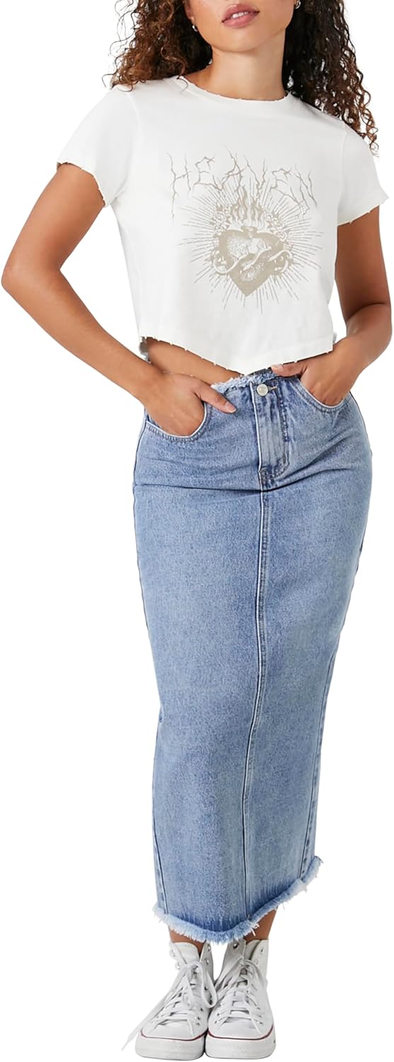 Forever 21 Womens Frayed Denim Maxi Skirt - Image 5