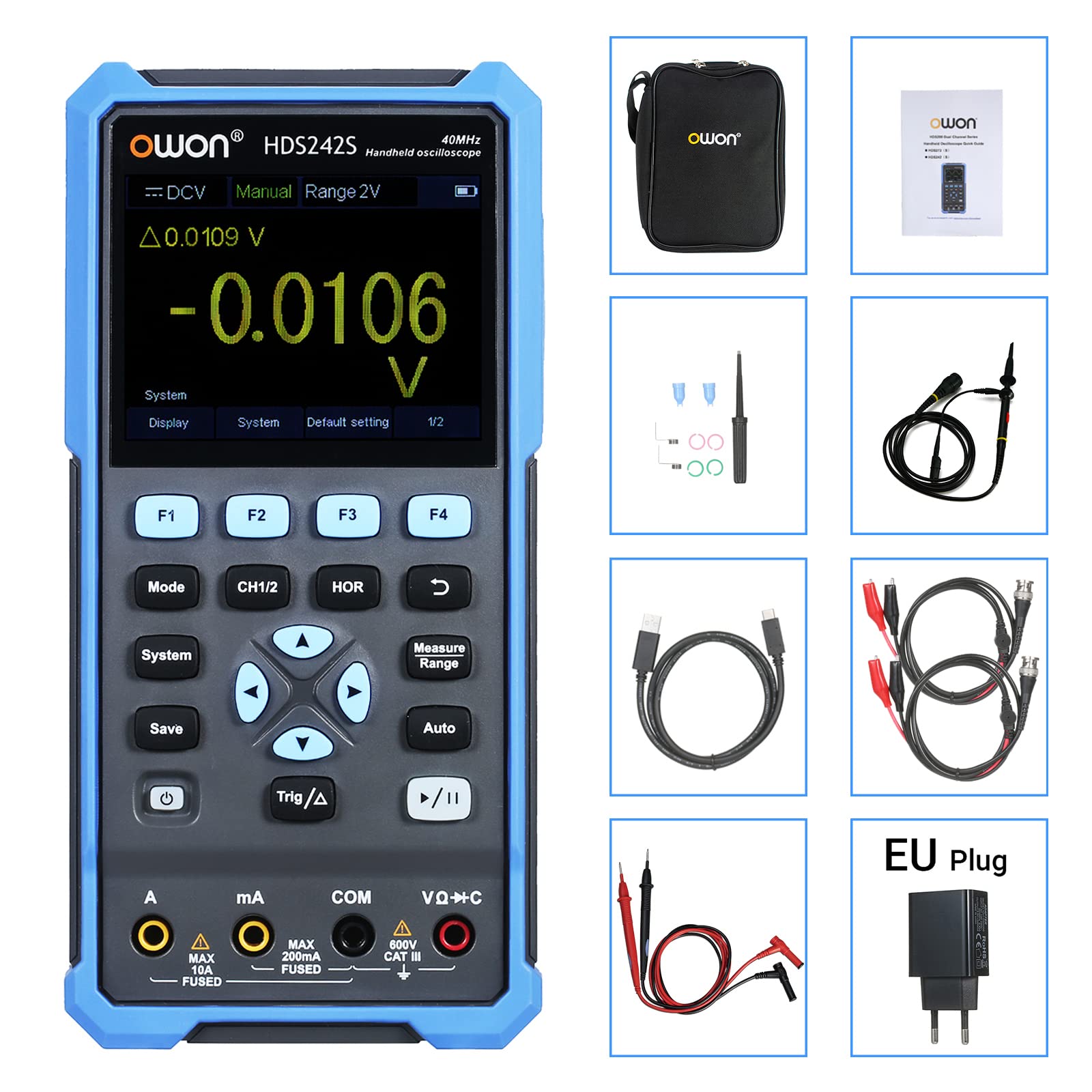 HDS242S Oscilloscope numérique portable avec fonction générateur Wareform 40 MHz 3 en 1 2 canaux Multimètre numérique True RMS