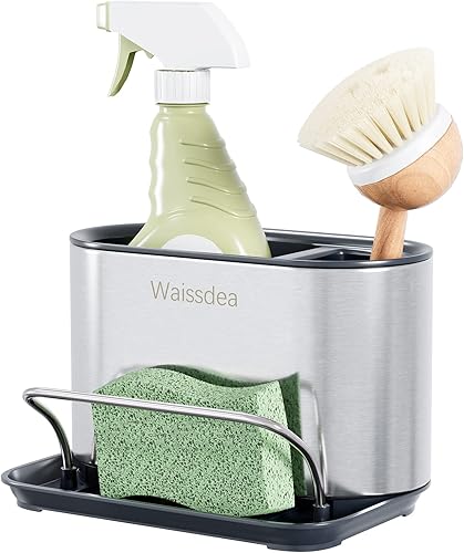 Dispensador de jabón para fregadero de cocina, organizador de fregadero de cocina, soporte de esponja de acero inoxidable, fácil de limpiar, bandeja