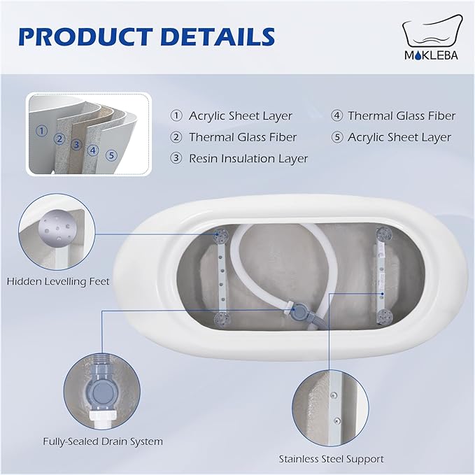 62" Lucite Acrylic Freestanding Bathtub, Double Slipper Shape Contemporary Soaking Tub with Toe-tap Chrome Drain, Slotted Overflow, cUPC Certified, Glossy White