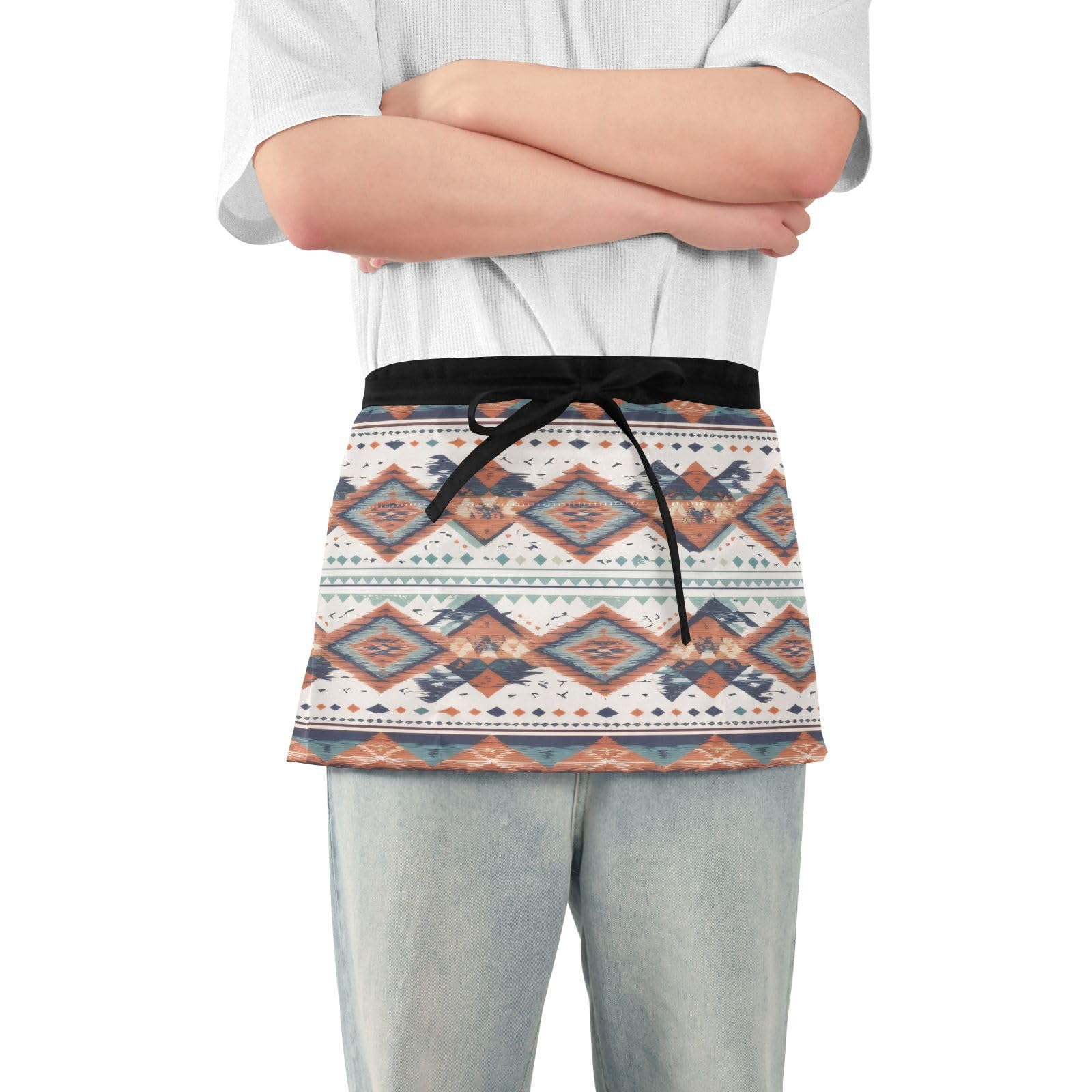 Kigai Aztec Pattern Server Aprons for Men Women Water & Oil Resistant Waitress Waiter Waist Apron with 3 Pockets