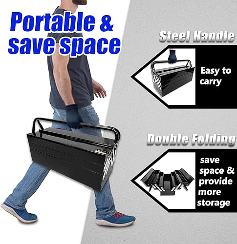 Miniatura 6 de Caja de herramientas voladiza de metal, caja de herramientas de acero plegable de 3 niveles y 5 bandejas con asa, caja de almacenamiento de