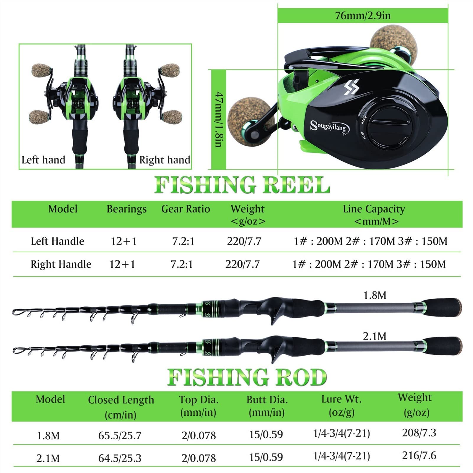 Wędka Ultralight wędka wędkarska bojowska wędki z 12+ 1BB 7.2: 1 Combo bębnowy Baitcasting do podróży Słodkowodne połowy Przenośna wędka podróżna (Bundles : 2.1M and Left hand)
