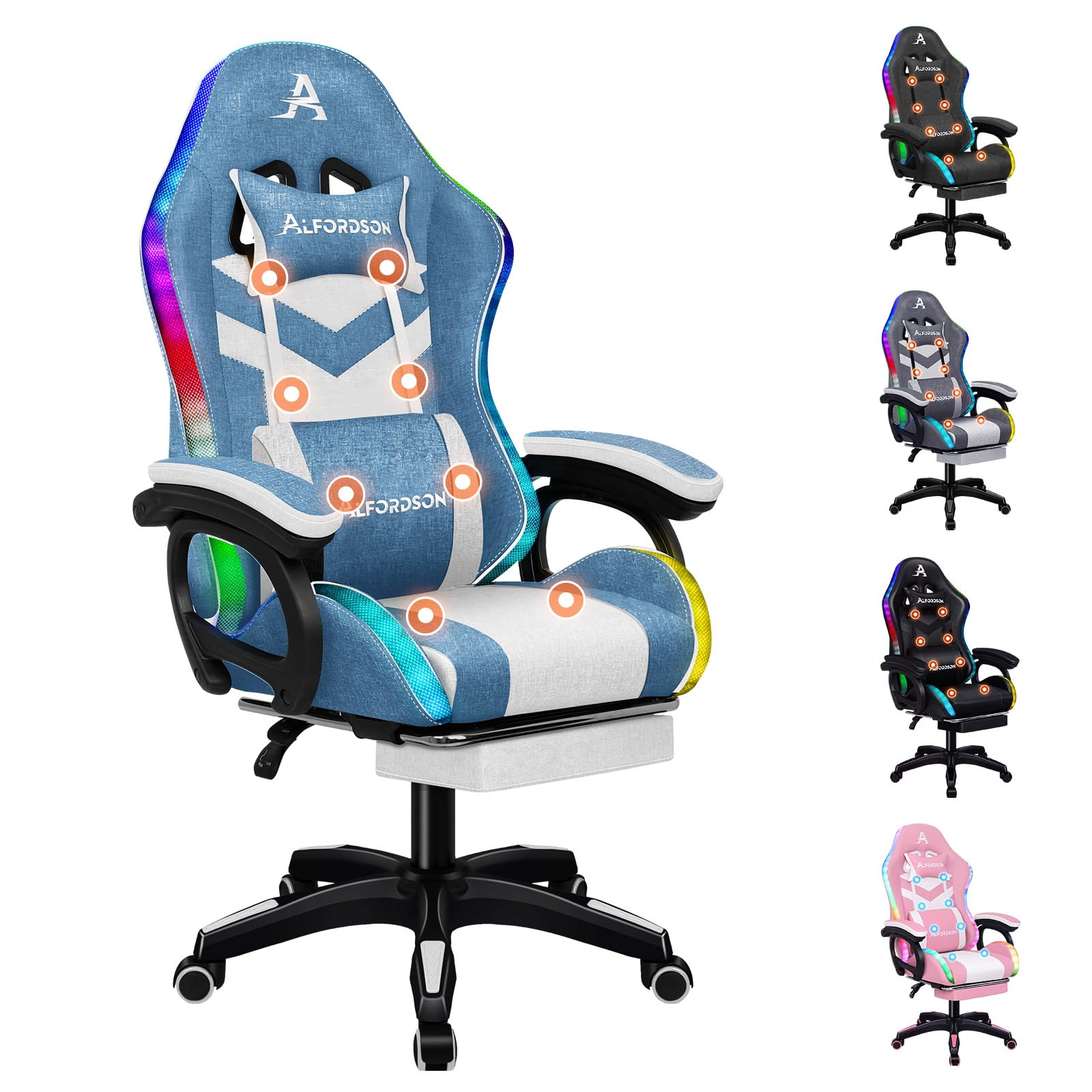 ALFORDSON Silla Gaming con Masaje y LED, Silla Gamer Ergonómica con Cojín Lumbar y Cervical, Reposapiés Telescópico, Iluminación para Ordenador, Videojuego, Juegos, Oficina, Lino(Azul y Blanca)