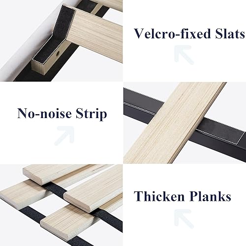 Miniatura 7 de Allewie Marco de cama Queen tapizado de terciopelo con cabecera capitonada de canal vertical, listones de madera fuertes, marco de cama de