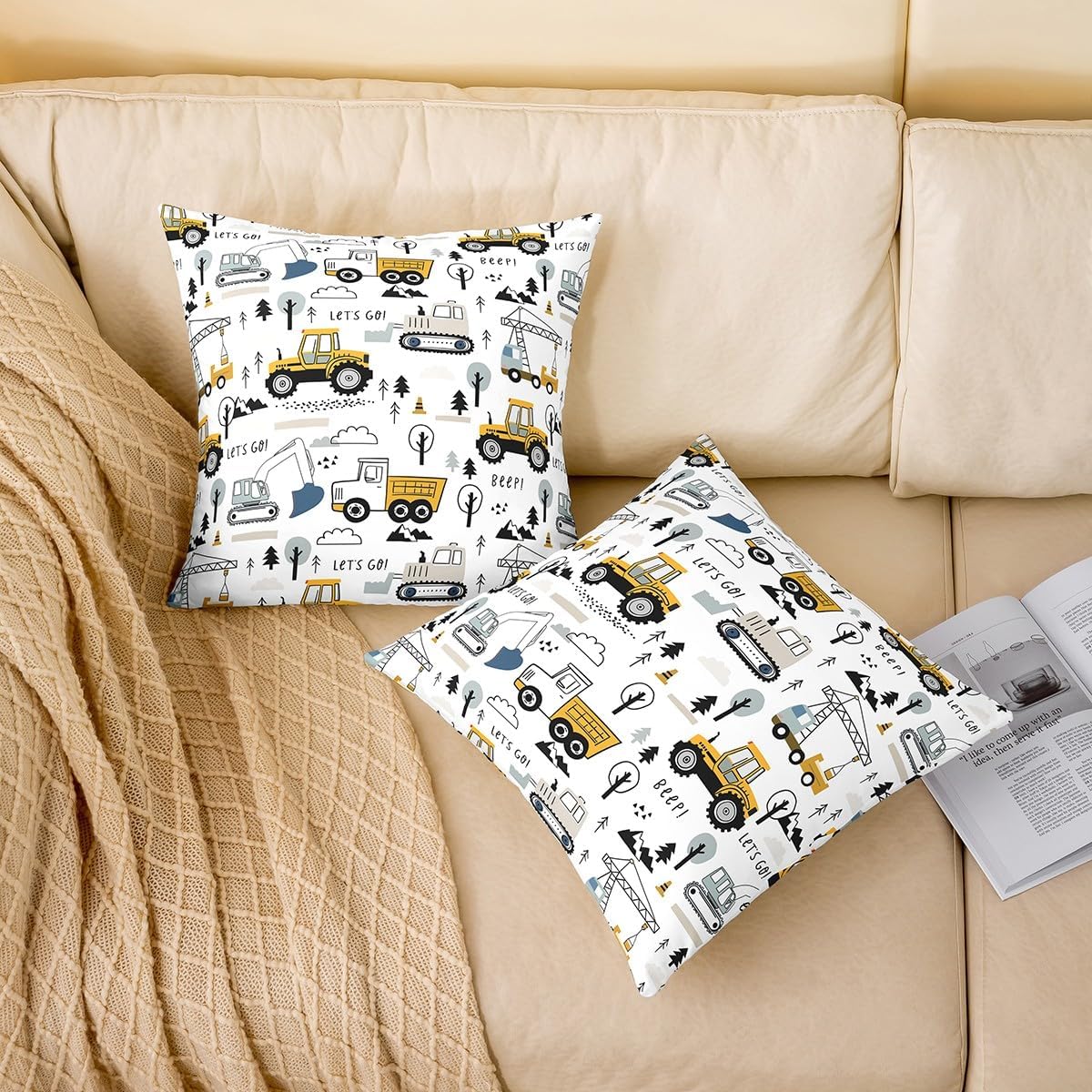 Cartoon Car Pillow Cover,Cute Rainbow Cloud Print Pillowcase Soft Square 18"x18" Cushion Case,Tractor Truck Excavator Throw Pillow Cover Single Pack for Room Decor Double Sides Print image 4