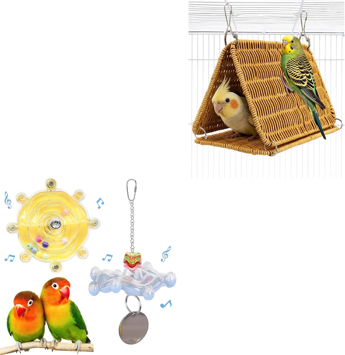 Chewproof Steel Frame Bird Nest Hammock & Tunnel Hut for Cockatiel, Parakeet, Conure, Lovebird, Interactive Colorful Chewing Spinner Rattle Bird Cage Toys (2pcs, Random Color)