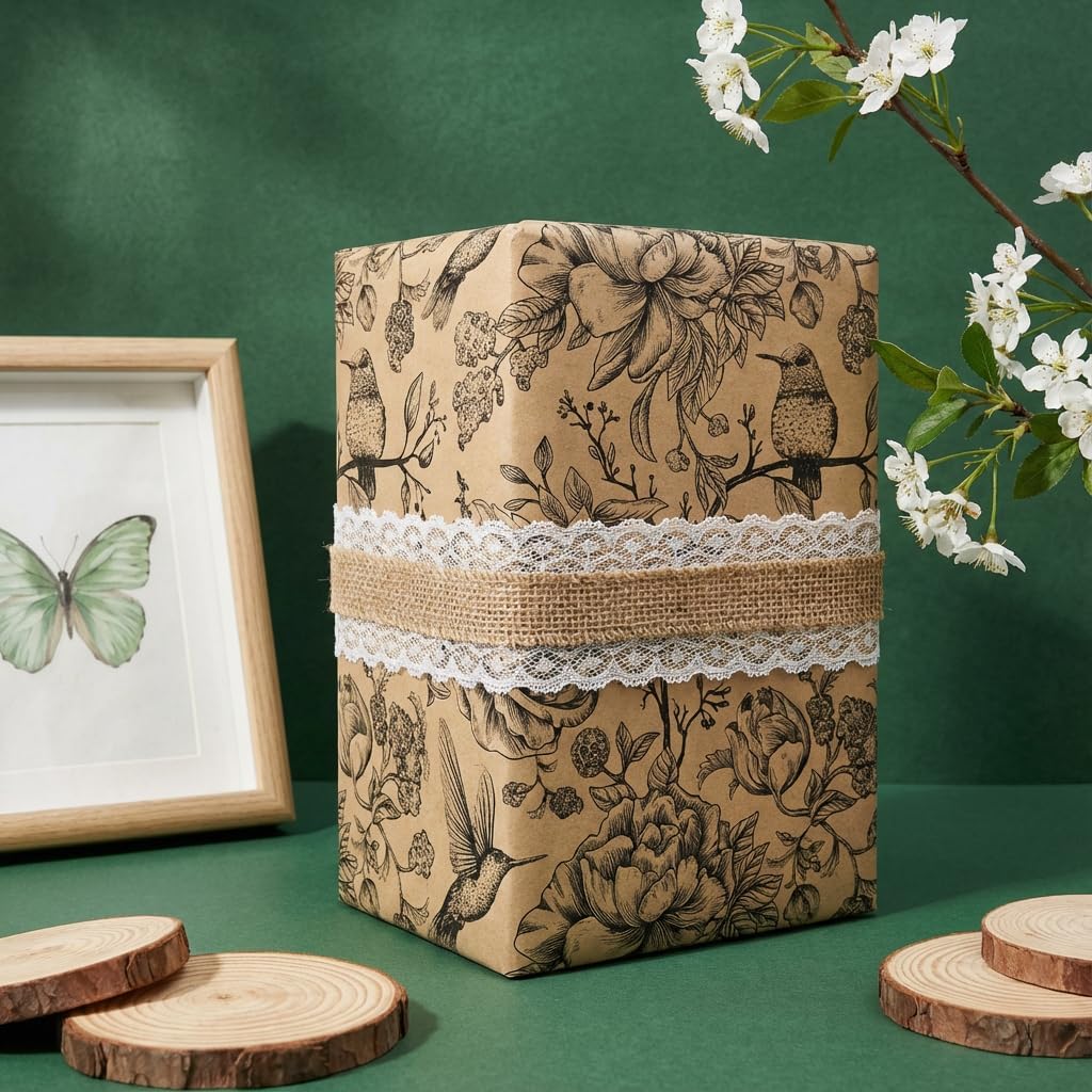 VCOOHM Kraft Floral Bird Wrapping Paper Roll - 17 Inches x 9.8 Feet Mini Roll - Vintage Flower and Bird Gift Wrap Paper with Lines for Birthday, Wedding, Baby Shower, Bridal Shower, and All Occasions