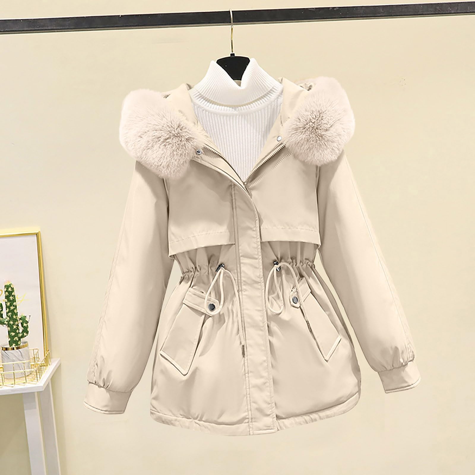Saymany Winterjacke Damen Lang Warm Wintermantel mit Fellkapuze Winterparka Winddichte Parkajacke mit Kapuze Mode Outdoorjacke Slim fit Winterparka Mode Mantel Frauen Wintermantel Warme Winter Jacke