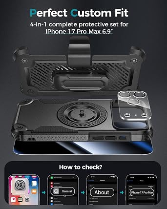4-in-1 Case for iPhone 17 Pro Max with Belt Clip Holster, with Privacy Screen Protector & Camera Lens Protector, [Compatible with MagSafe] [Upgraded Heavy Duty] Shockproof Cover for Men - Black