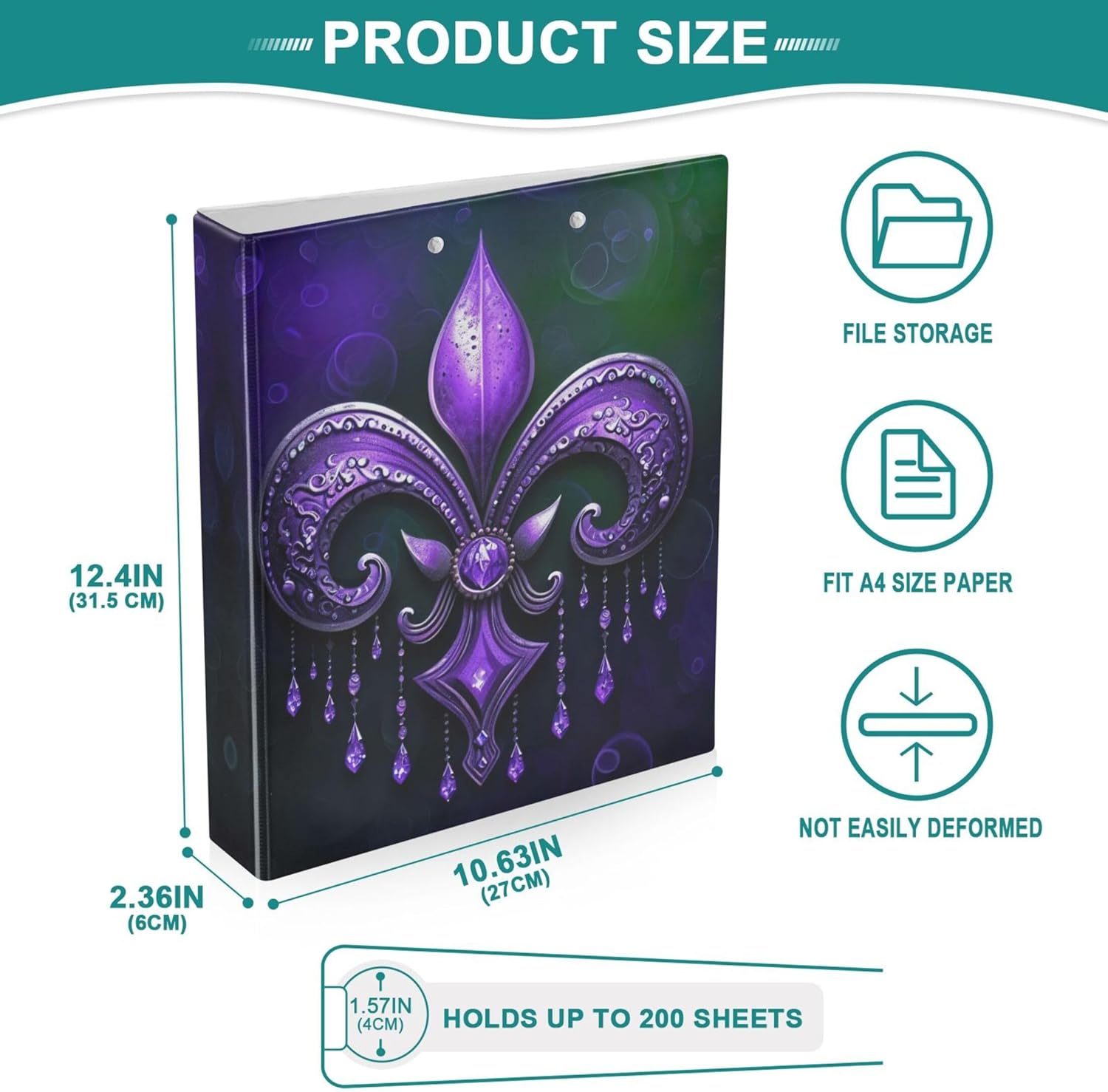 Mardi Gras 3 Ring Binders, 1.5” Round Ring Binders with Clipboard - Letter Size, 3 Interior PVC Clear Pockets & Anti-Slip Clip for Office School Supplies, 2PCS