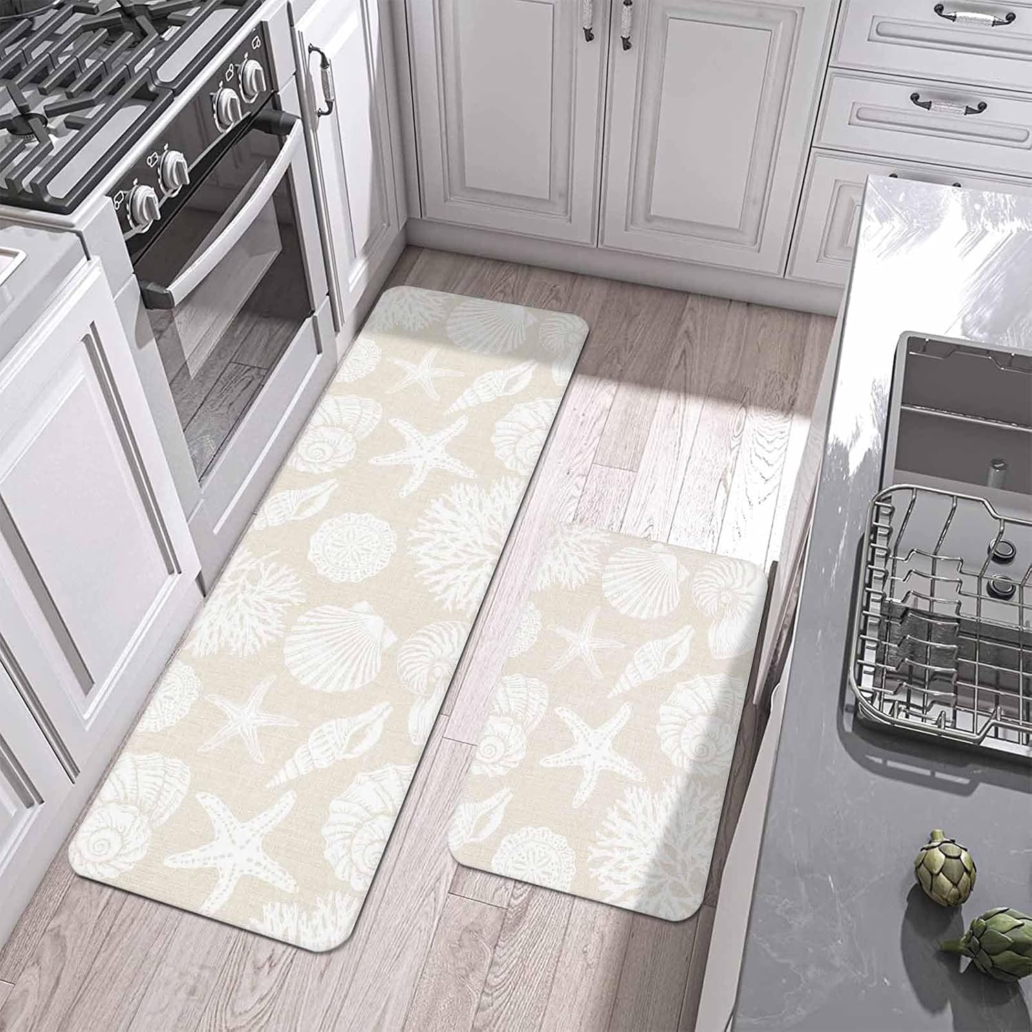 Summer Marine Life Kitchen Mats Set of 2 Graffiti Corals Shell Conch Sea Starfish Retro Non Slip Mat Washable Floor Rug for Kitchen Sink Floor Laundry, 15.7"x23.6"+15.7"x47.2"