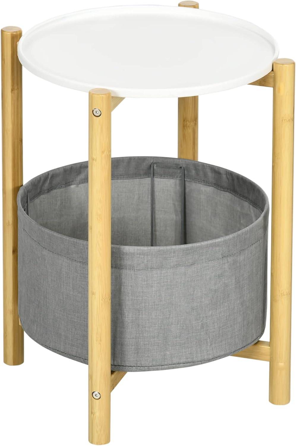 Round Side Table with Detachable Tray Top and Fabric Storage Basket, End Table with