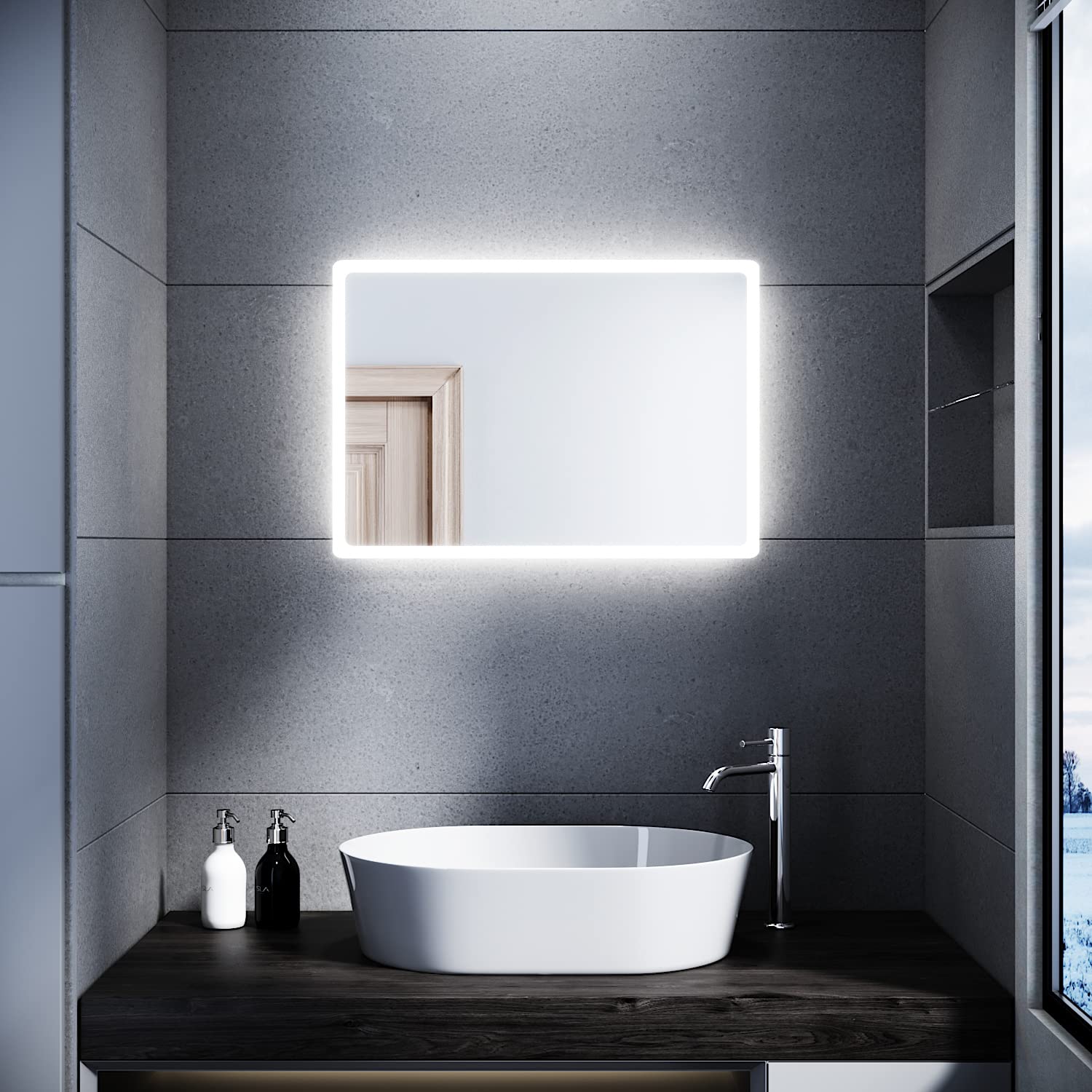 SONNI Espejo Baño con Luz 60x40 cm Espejo Baño LED Interruptor de Pared,Montaje Vertical u Horizontal Blanco Frío IP44 Bajo Consumo