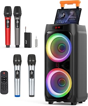 JYX 24" Big Karaoke Machine with 2 Wireless Microphones & Extra 2 Wireless Microphones, Portable Bluetooth Speaker for Adults with RGB Light PA System Treble & Bass, Support TWS/USB/AUX/TF Card/REC