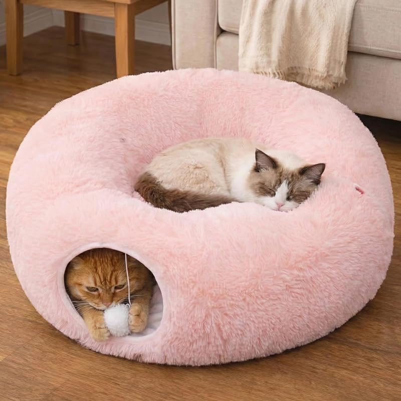 Indoor Cat Tunnel with Donut Bed - Large Flexible Play Space for Multiple Pets - Circle or Snake Shape, Cozy Lounge (Pink)