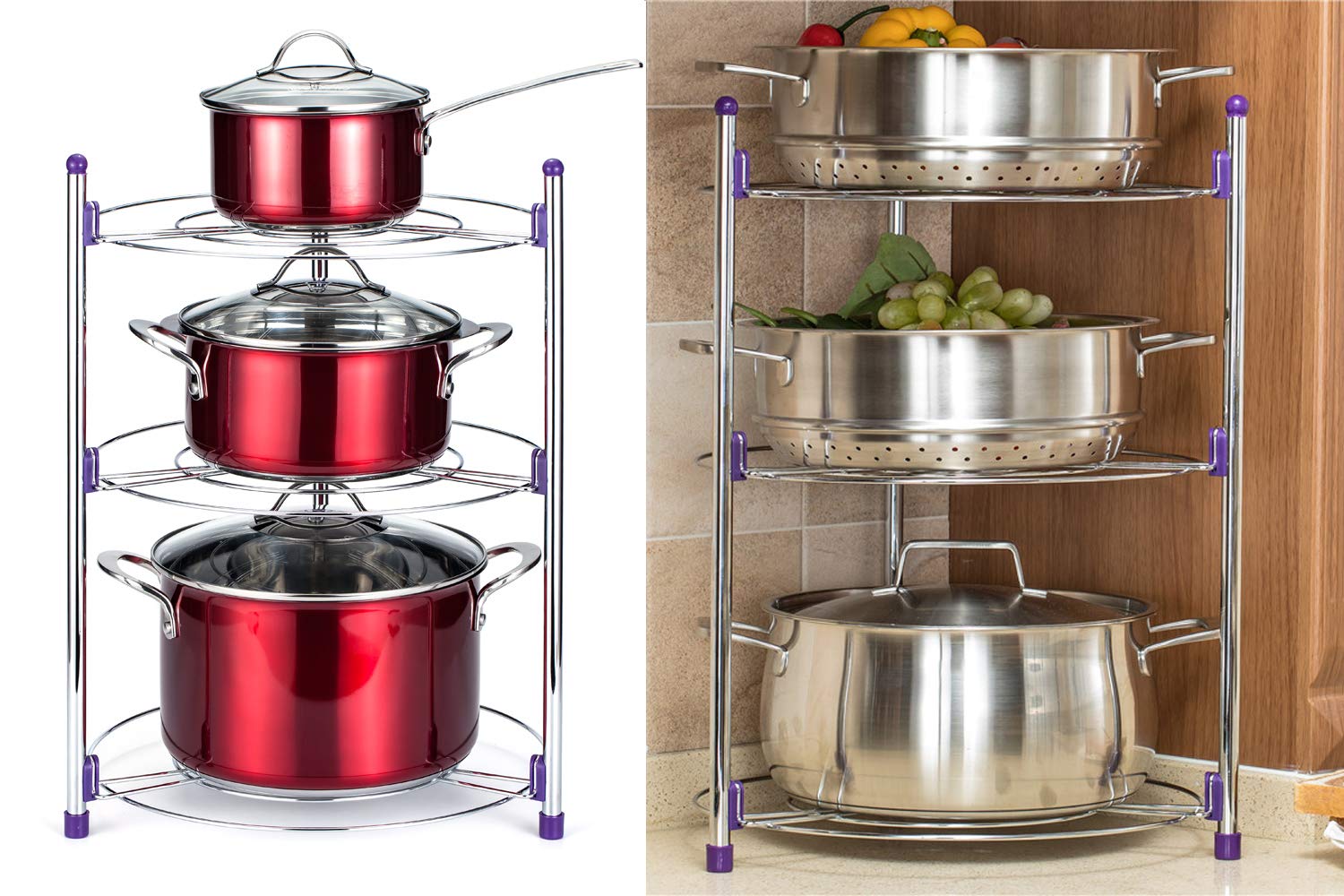 Rubik Multilayer Kitchen Utensils Pot Organizer Holder Stand, Cookware Storage Rack Organizer (3 Layer, Purple)