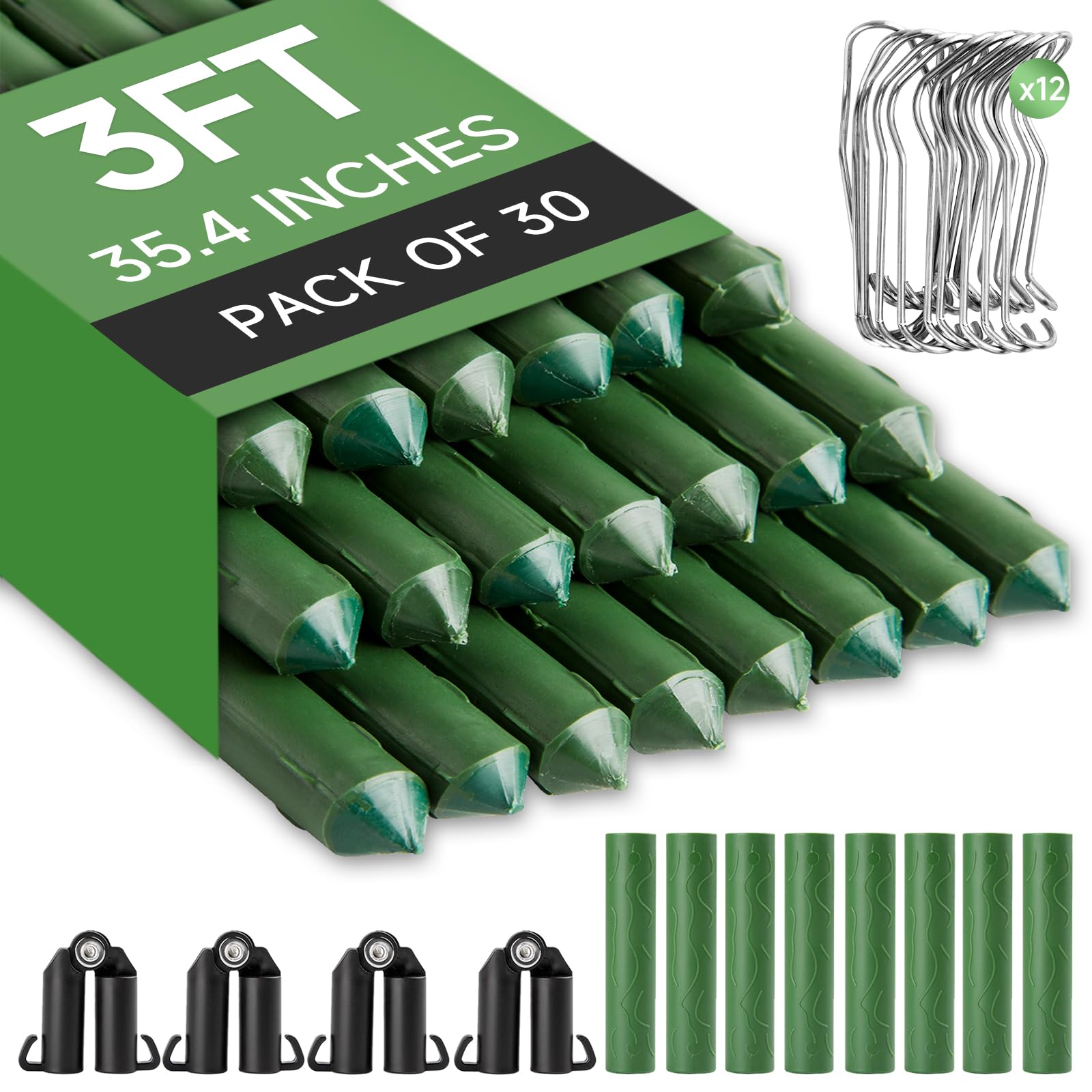 FOTMISHUGarden Stakes 30 Pack 3ft 36inch, DIY 6ft 9ft 12ft Sturdy Plastic Coated Plant Stakes, Pack of 30, Plant Cage Supports Climbing Trellis for Tomatoes, Vegetables, Cucumber, Fences, Beans