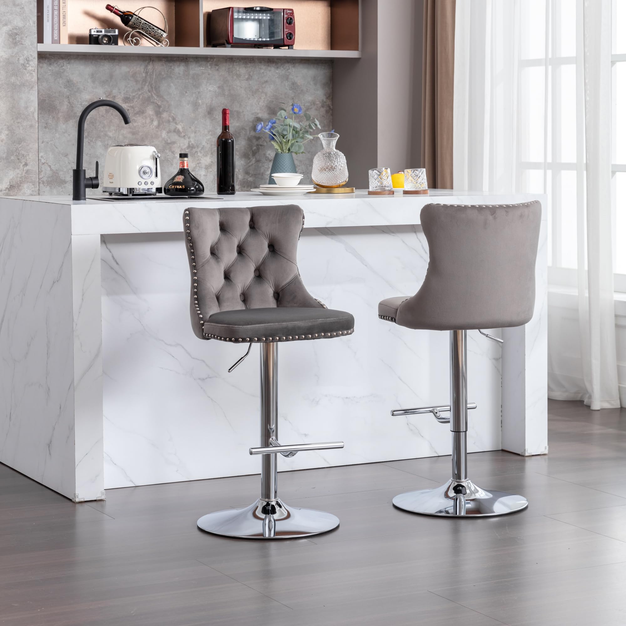 BTMSet of Swivel Velvet Bar Stools,Modern Upholstered Chrome Base Bar  Chair with Comfortable Tufted Back for Dining Room Pub Kitchen