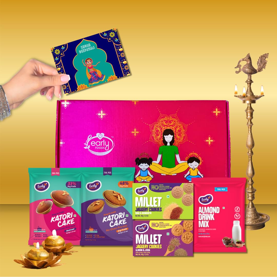 Early Foods - Utsav Diwali Gift Hamper - 5 Pack - Diwali Snack Gift Box Contains - Multigrain Millet Jaggery Cookies 80g, Ajwain Jeera Millet Jaggery Cookies 80g, Almond Drink Mix 50g, Beetroot Cake Premix 60g, Dry Fruit Cake Premix 60g & Deepavali G (B0DHL27YKM) Amazon Price History, Amazon Price Tracker