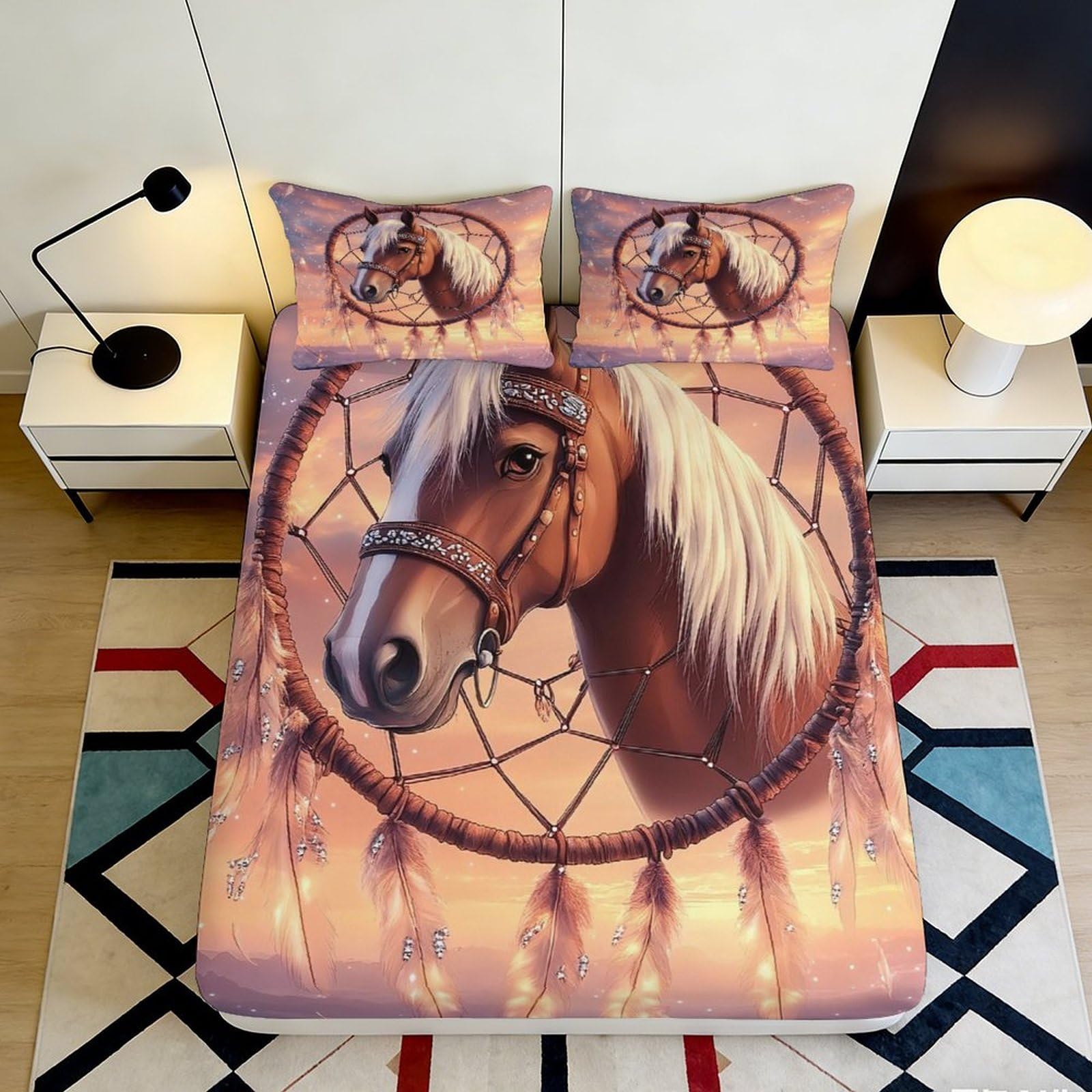3D Printed Horse Dreamcatcher Fitted Sheet Microfiber Deep Pocket Bedroom Bedding Horse Mattress Fitted Cover Full Wrap Elastic 90x200x25cm
