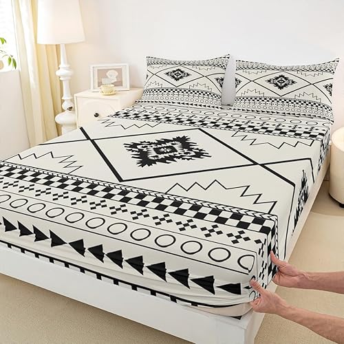 Manfei Sábana bajera ajustable para niños con estampado azteca, tamaño individual, juego de ropa de cama de retazos geométricos de flechas,