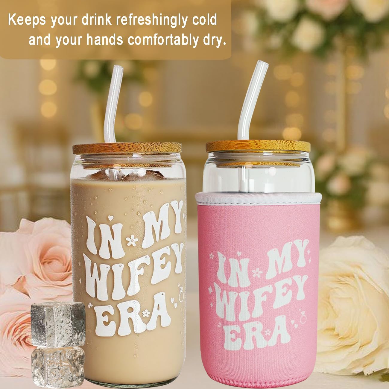 Wedding Gift for Bride, Cute Glass Cup with Lid and Straw, Glass Coffee Tumbler, Aesthetic Cups with Sleeve, Iced Coffee Sleeve, Tumbler with Lid - Image 3