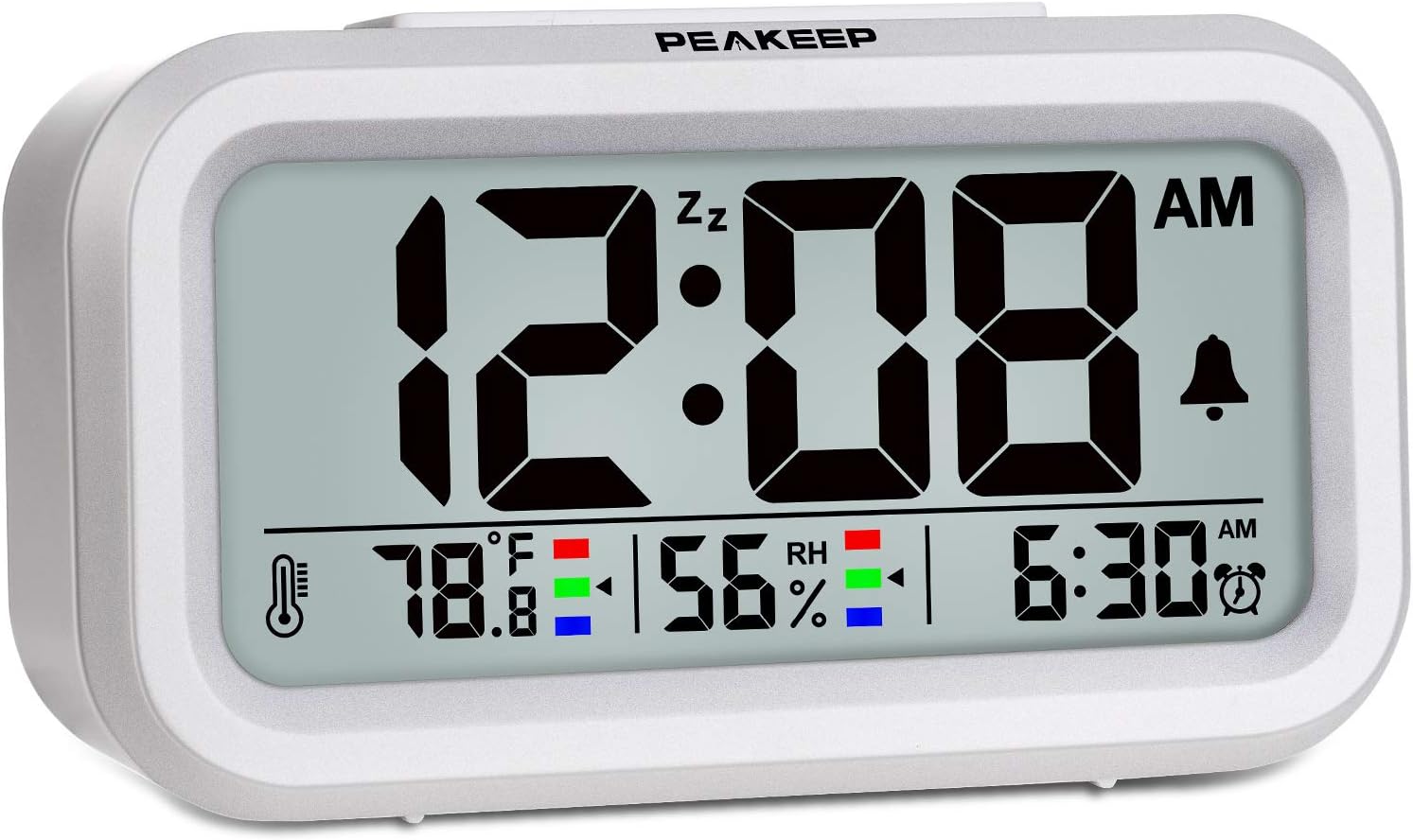 Peakeep Indoor Humidity Temperature Digital Alarm Clock for Bedrooms, Smart Night Light, Battery Operated Small Easy Desk Bedside Gifts Clock