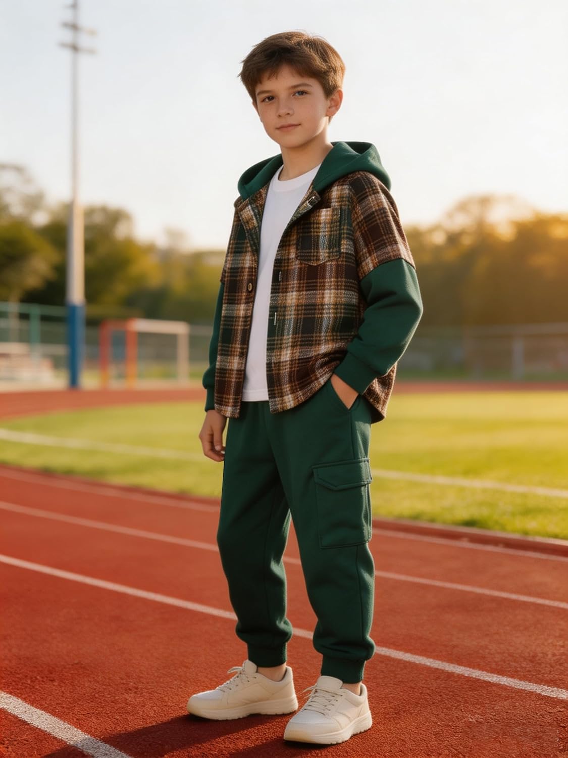 Boys 2 Piece Outfit Flannel Plaid Hoodie Cargo Jogger Pants Set 3-14Y