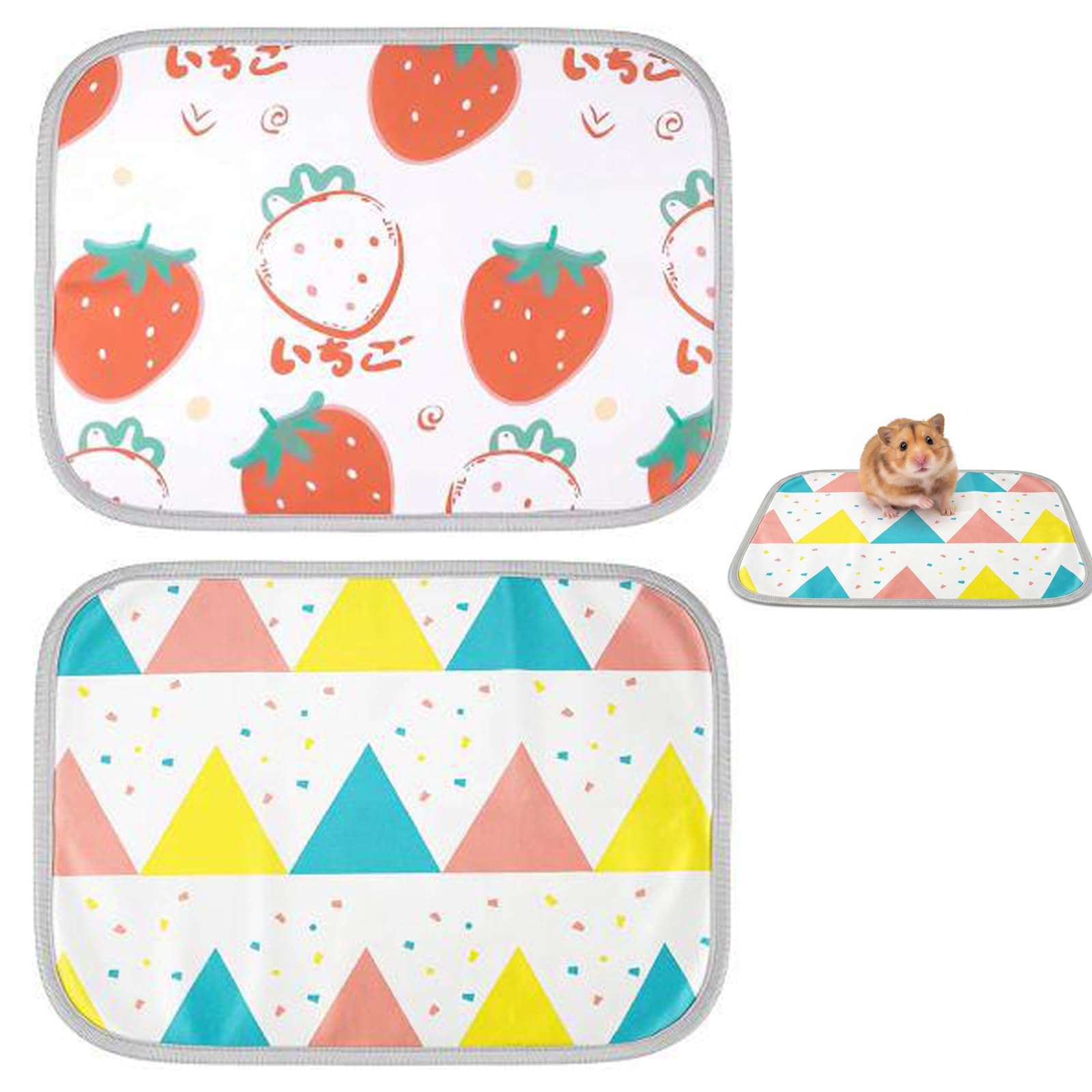 GYTFOG 2 Pcs Pet Cooling Mat, 40 x 50cm Reusable Washable Summer Cool Pad, Rabbit Cooling Pads, Ice Silk Sleeping Mat with Strawberry and Flag Pattern for Guinea Pigs Rabbits Hamsters Puppies