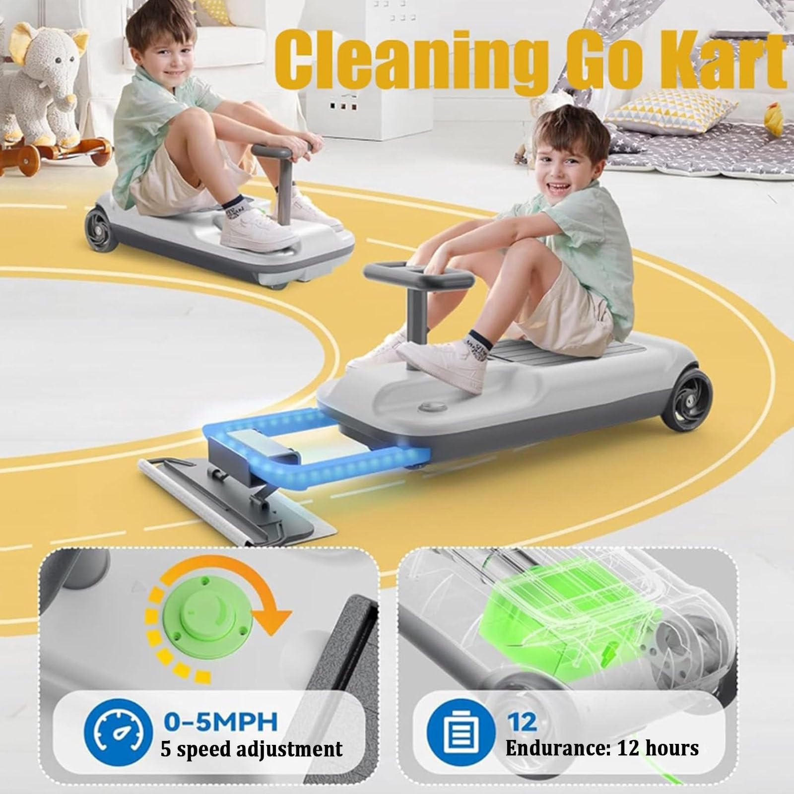 Kart De Nettoyage Enfant électrique – Vitesse Réglable, Lumières LED Et Rangement Intégré, Pour Jouer Et Aider à La Maison - 8