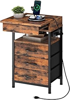 HOOBRO Nightstand with Charging Station, Bedside Table with Fabric Drawe...