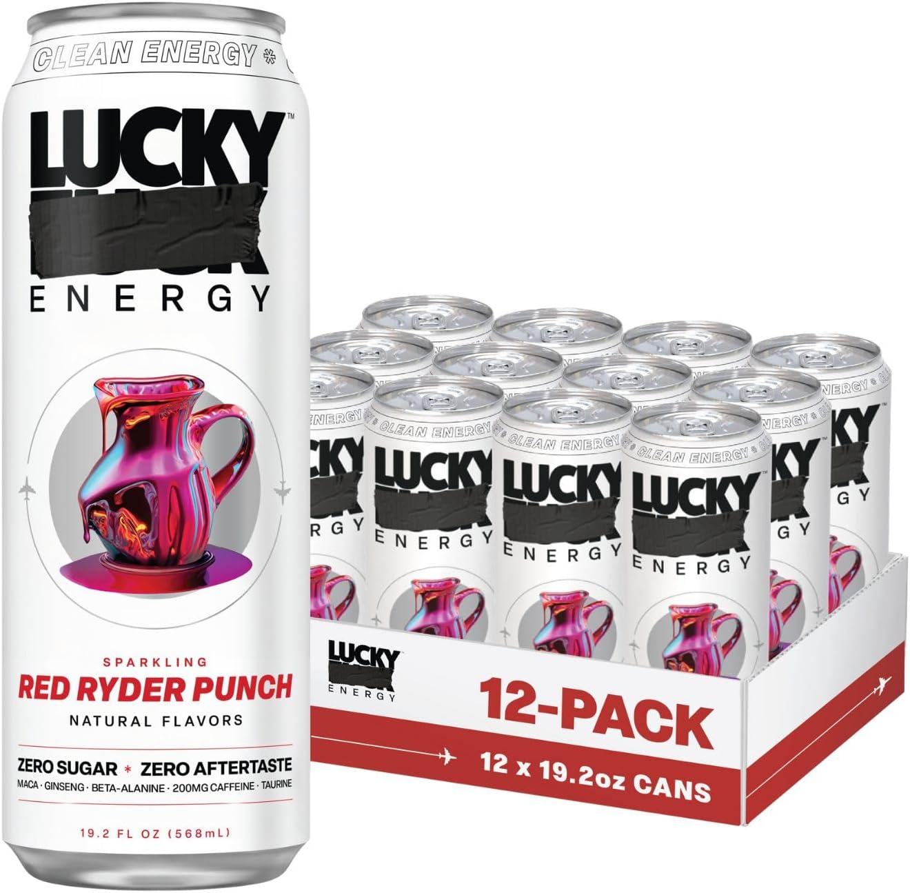 Lucky Energy Zero Sugar Energy Drink 19.2 Fl Oz Cans (Pack of 12) Red Ryder Punch with Maca, Ginseng, Taurine, Beta-Alanine, 200mg Caffeine (Packaging May Vary)