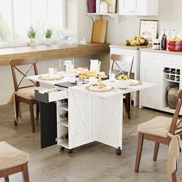 Folding Dining Table, Kitchen Table with 6 Wheels(White Marble & Black) | Dinner Table with Drawer and Storage and Shelves, Space Saving Dining Table with 6 Wheels for Small Spaces